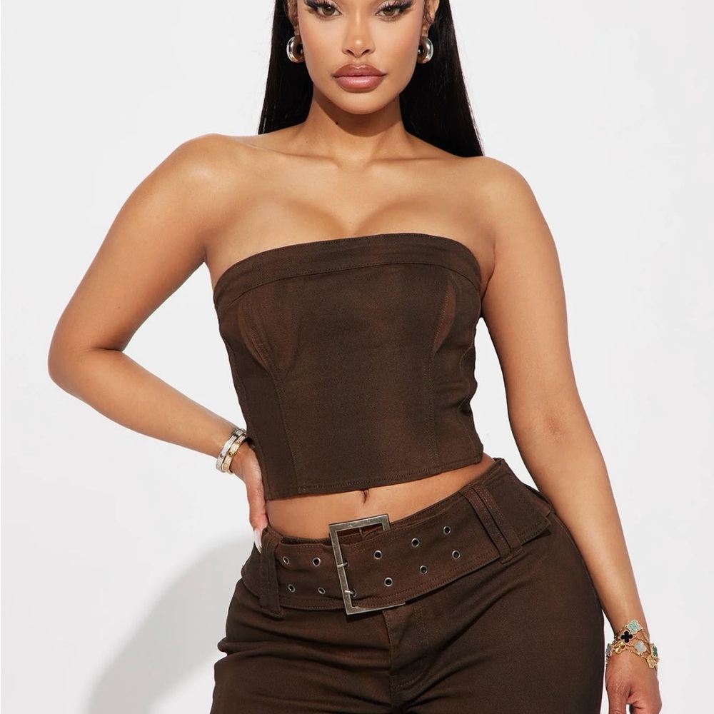 Fashion Nova Brown Strapless Top and Wide Leg Pants